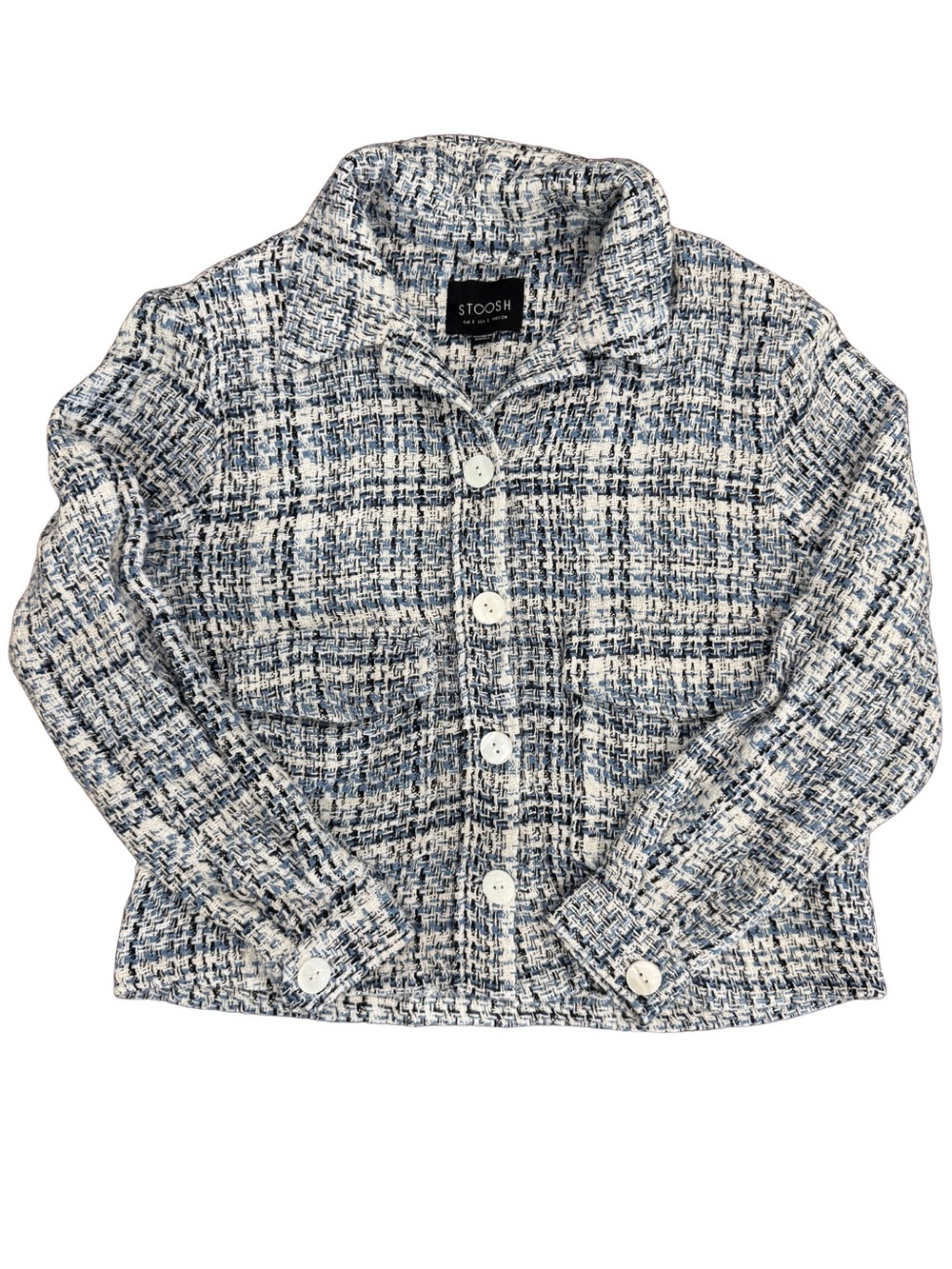 Stoosh Blue White Tweed Plaid Shacket Jacket Button Front Small